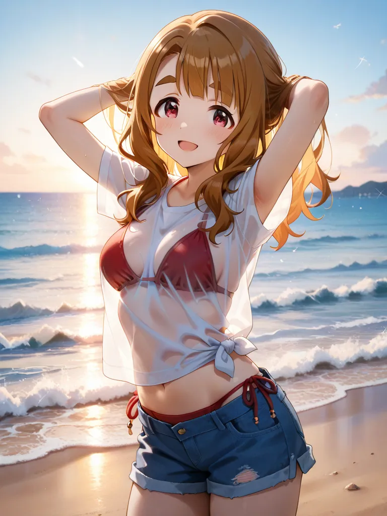 an anime style female character, solo, miyao miya, idolmaster, smile, open mouth, 
povytail, 

arms up,
hair over shoulder ,
hands in own hair, 
light smile,
looking at viewer, 
red bikini,
see-through clothes, 
see-through shirt, 
shirt, 
short sleeves, 
...