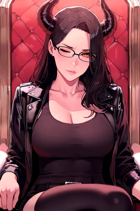 A girl that is 19 years old one of her eyes is demon orange eye the other eye is closed the girl also has a black long hair and she is wearing black tank top  and jacket a leather black one and also you can see a black backround she is also wearing glasses...