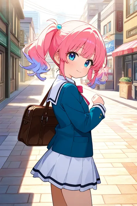  girl、pink hair、 light blue eyes、 school uniform、Carrying a school bag、Walking the Streets