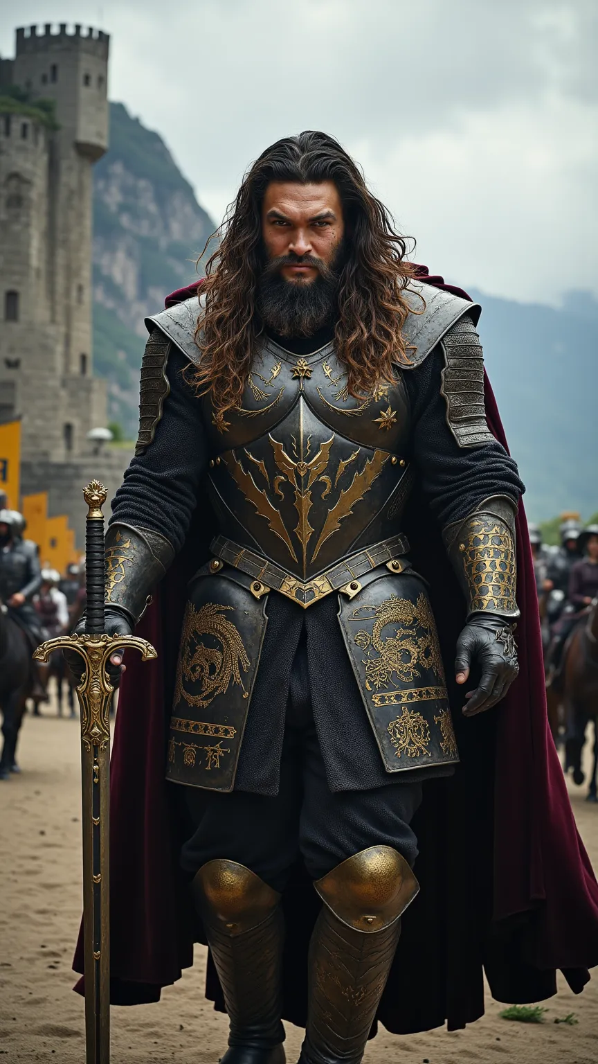 Jason Momoa reimagined as a majestic powerful medieval knight walking and holding a longsword､dramatic atmosphere, 1 male､ 

His long, wavy dark hair cascades over his broad shoulders, partially tied back, while a thick battle-worn beard frames his chisele...