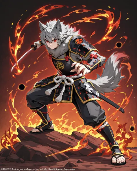 Full body male werewolf, gray hair with red tips, long,  wolf ears, red eyes, Serious, tones wearing broken samurai armor, color white with red and gold tones, a dark Aureola with a black sun, radiating an aura of dark fire, with a katana in attack pose, T...