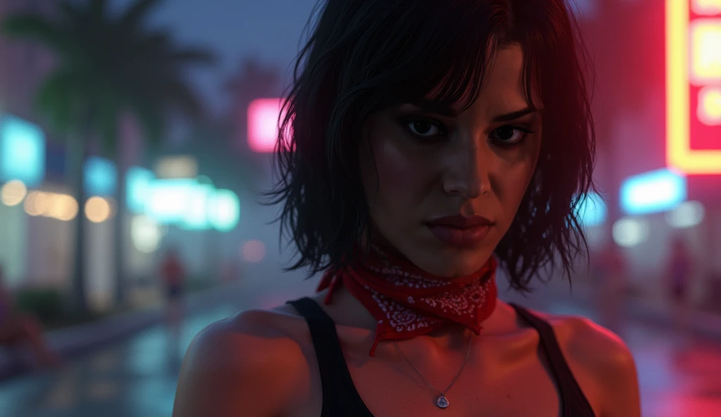 Lucia, the protagonist of GTA 6, appears extremely sad in a Miami-inspired setting. She wears a black tank top and a red bandana around her neck. Her eyes are filled with sorrow, and her expression reflects a deep sense of loss. The environment around her ...