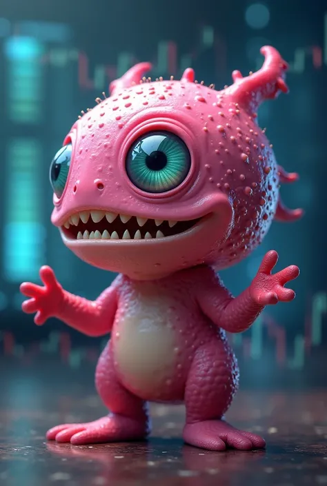 A cute pink round alien With one eye on Stocks has arms and tentacles no wings only teeth on bottom and spots