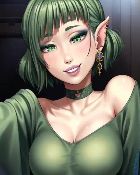 (majlis:1.2), (1boy, cherry),(close-up:0.8), human girl,  earrings, eyelashes,  eyeshadow,  smile, jewelry, pomade, short hair, style art looks at the viewer, makeup, piercing,  ordinary ears , green hair, green lips , One, green eyes 