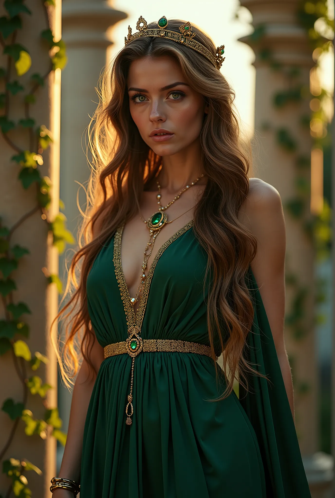 "A breathtakingly beautiful Roman imperial woman, exuding an irresistible and ethereal charm. Her long, flowing metallic brown hair, adorned with golden highlights, cascades down her back like liquid silk. Her hypnotic emerald green eyes gleam with an othe...