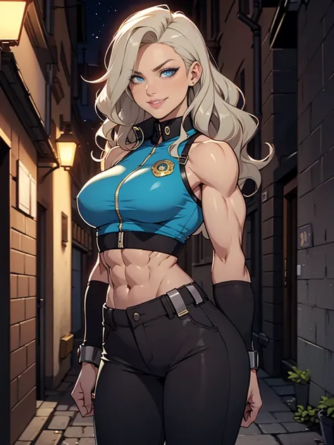 Female policewoman doing a double biceps pose, crop top, trousers, straps, biceps, triceps, extremely defined abs, wide shoulders, (narrow waist, slim, tall,) toned, silver blonde hair, large breasts, dark alleyway at night, seductive smirk, small smile, b...