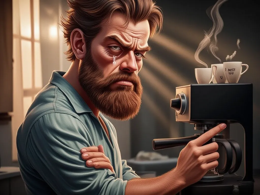 A bearded, broad-shouldered, muscular man with dark circles under his eyes, wearing wrinkled pajamas, stands in front of a coffee machine. His tired, desperate eyes fixate on the empty cups, a single tear rolling down his cheek. On the counter beside him, ...