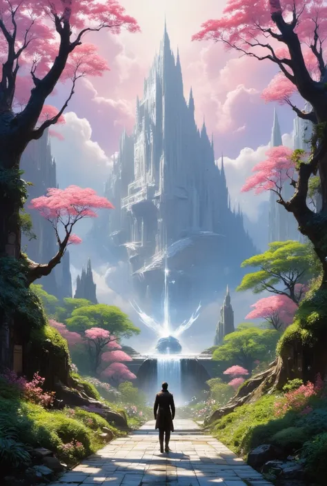 Mount Olympus of white marble in the background already image and Yggdrasil in the center of the garden of Mount Olympus, pink clouds with shine in the background. A person holding a staff with their back to the viewer of the image. Anime,RPG,Niji Journey,...