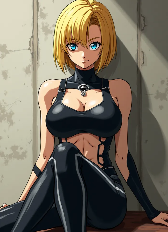  1girl , Android 18, Blonde,Straight short hair, blue eyes , anime,black pants with 3 white stripes,  arrogant  , hautaine, position assise,  legs crossed , air moqueur