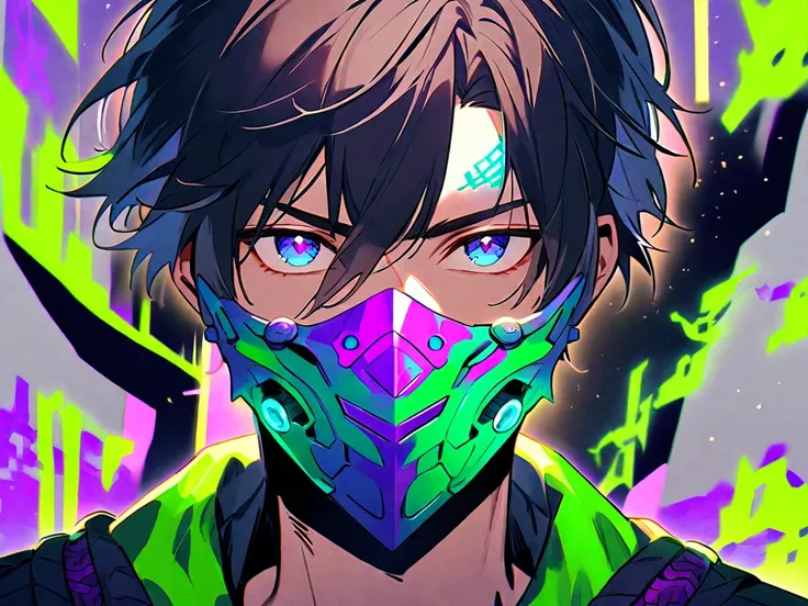 The character, a young man with fair skin and striking blue eyes, has tousled dark hair and a serious expression. He holds a menacing, intricately designed mask with glowing purple eyes and neon green patterns. Ttyhe backgrouns is a whithe.