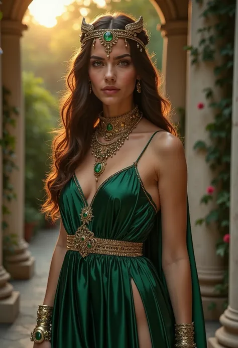 "((Masterpiece: 1.5)) ((8k: 1.5)) ((Best quality: 1.4)) ((High definition: 1.5))
A breathtaking Roman imperial goddess exuding irresistible, ethereal charm. Her long, flowing dark metallic brown hair, streaked with golden highlights, cascades like liquid s...