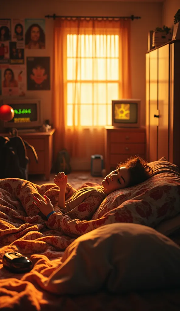 A first-person scene of someone waking up in a 90s bedroom. The character’s hands push away a classic patterned blanket from the era. A red digital alarm clock blinks green numbers. Soft sunlight filters through the curtains, creating a nostalgic glow in t...