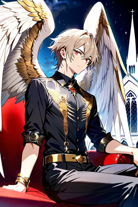 PERFECT ANATOMY, ULTRA DETAILED, INTRICATE DETAILS, HIGH DEFINITION, BEST QUALITY, ALONE, (MALE), 1boy, slim toned, large feathered wings, platinum wings, light brown hair, medium-short hair, red eyes, gold pupil, star pupil. Attire: suit, black dress pant...