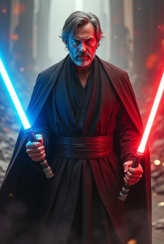 Faced Man half Jedi with blue lightsabers and half Sith with red lightsabers 