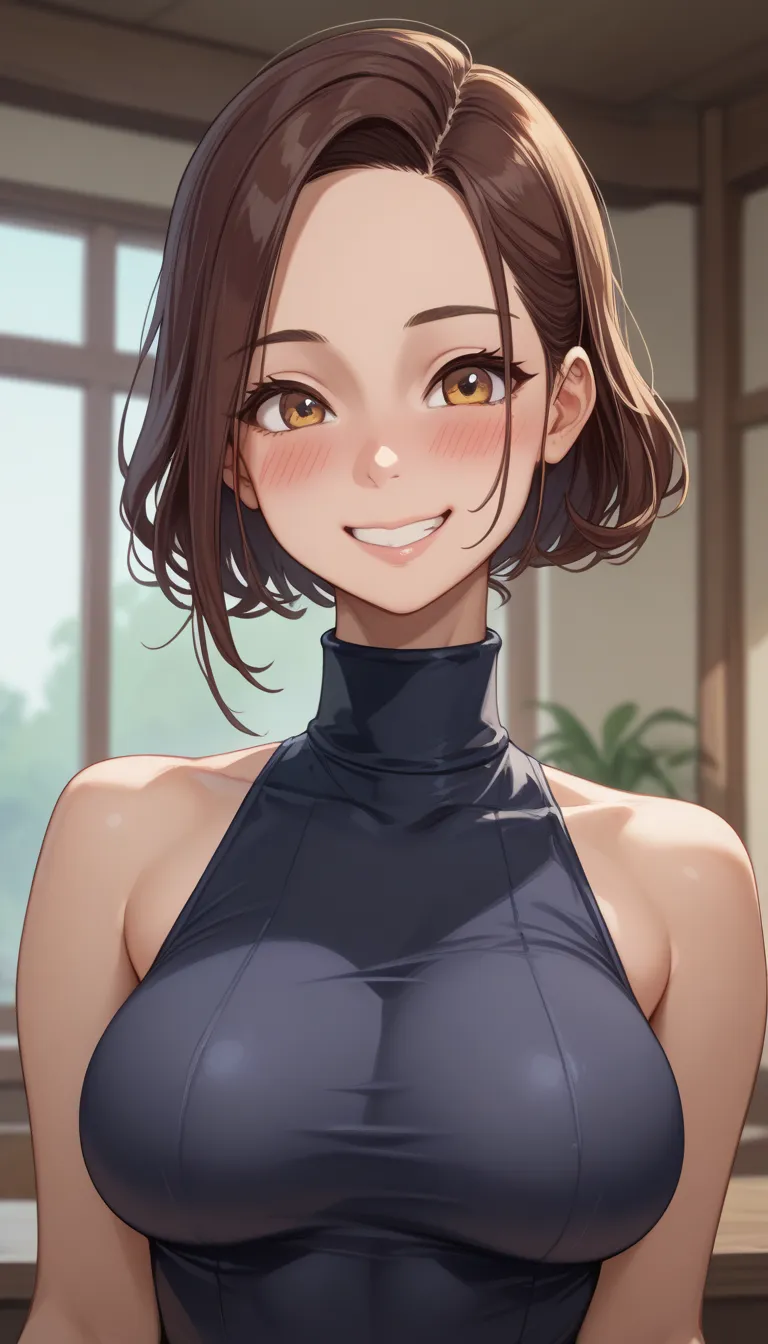  score_9,  score_8_up,  score_7_up,  source_ anime、Highest quality、8k、 masterpiece、super high definition、natural light、Perfect Anatomy、 one woman、saggy breasts:2.0、(Okuzumi Yuiko)、 cute face、embarrassed face、smile、((tight sleeveless rib knit、 high neck))、 ...