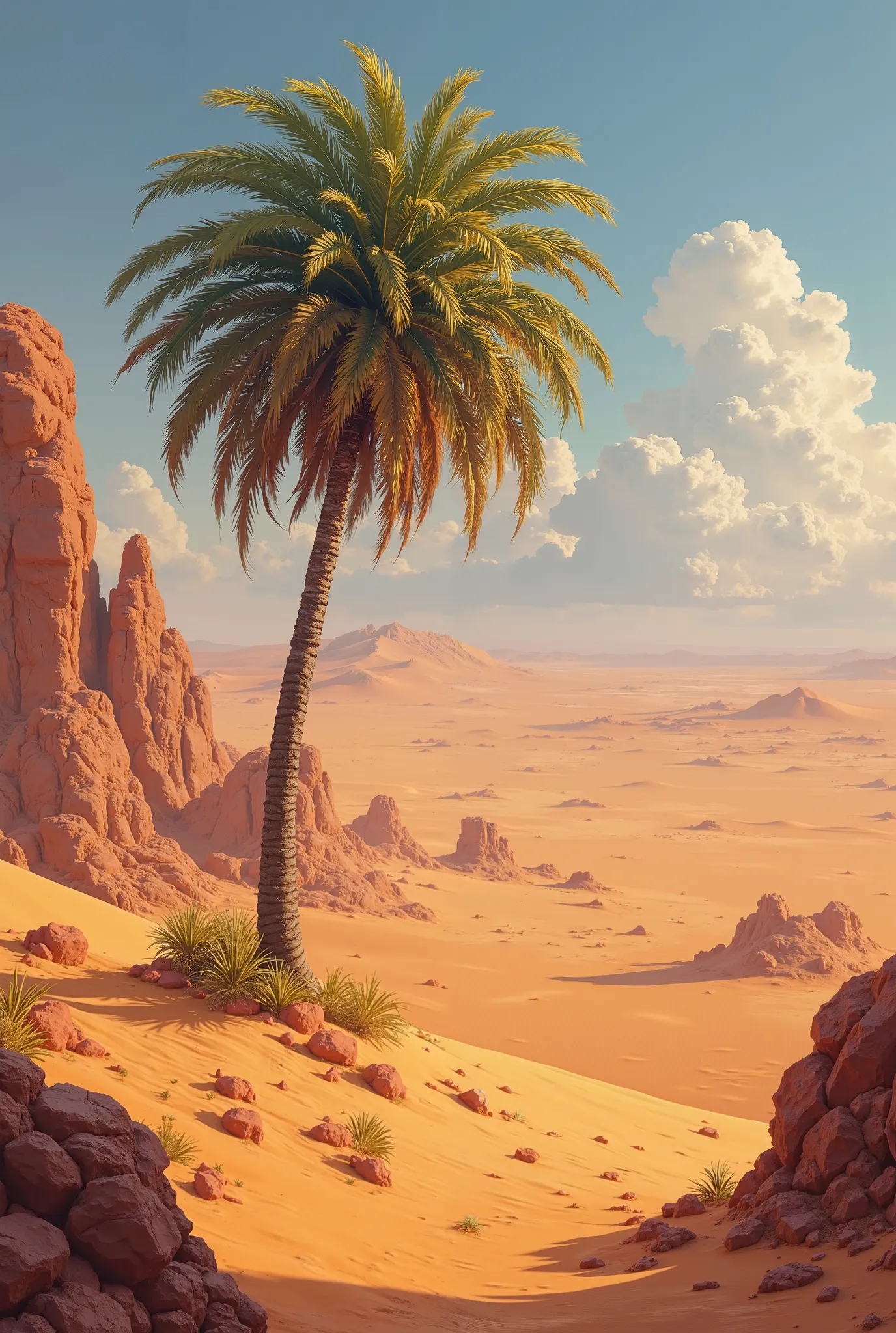 Image of Arab landscape, with a palm tree and in the desert, Main color red 