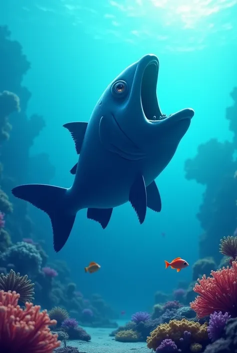 animation of a very large fish but made in the shape of a silhouette and opened its big mouth in the sea water and there was a small fish around it that was beautiful and colorful and there was a beautiful coral reef 