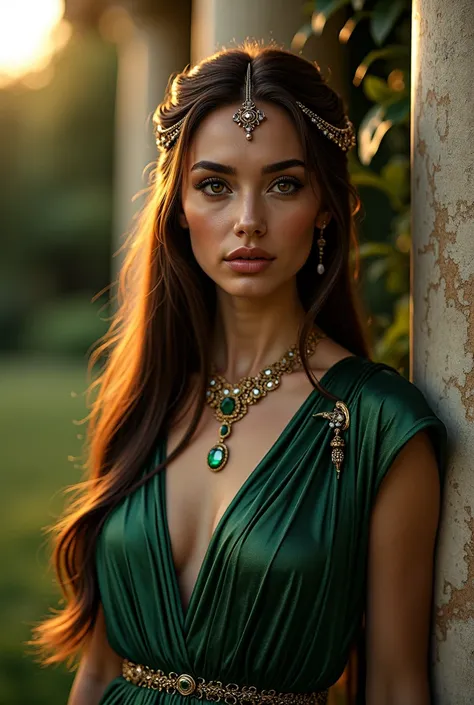 "((Masterpiece: 1.5)) ((8k: 1.5)) ((Best quality: 1.4)) ((High definition: 1.5))
A breathtaking Roman imperial goddess exuding irresistible, ethereal charm. Her long, flowing dark metallic brown hair, streaked with golden highlights, cascades like liquid s...