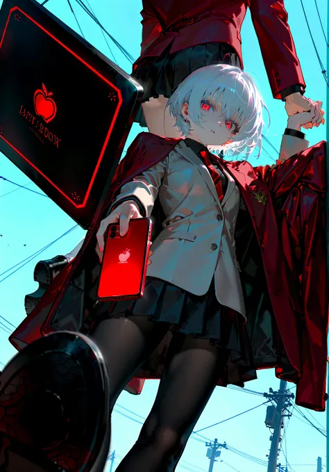 masterpiece, best quality, ultra detailed, score_9, score_8_up, short hair, white hair, black pleated skirt, black shirt, long sleeves, pale beige suit, (another red blazer-style jacket on shoulder:1.2)), (black Denier tights:1.1), (highlights on jacket’s ...