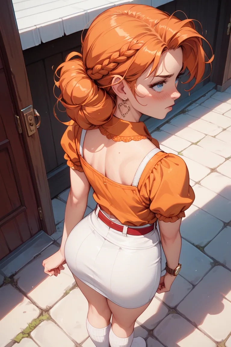  Candice Flynn,  orange hair, wide,  irritated, blushed, In the courtyard of your house , Orange blouse, White Skirt,  pink pants , white thigh-long socks, From above, Give me back , raise your butt, WATCH. Red Belt. 