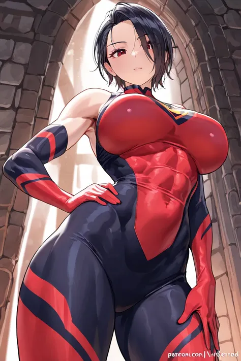 Women, black hair, slicked back hair, toned body, vulumptuos, attractive, beautiful, athletic, fit, purple and red superhero costume, sleeveless, long gloves up to elbows
