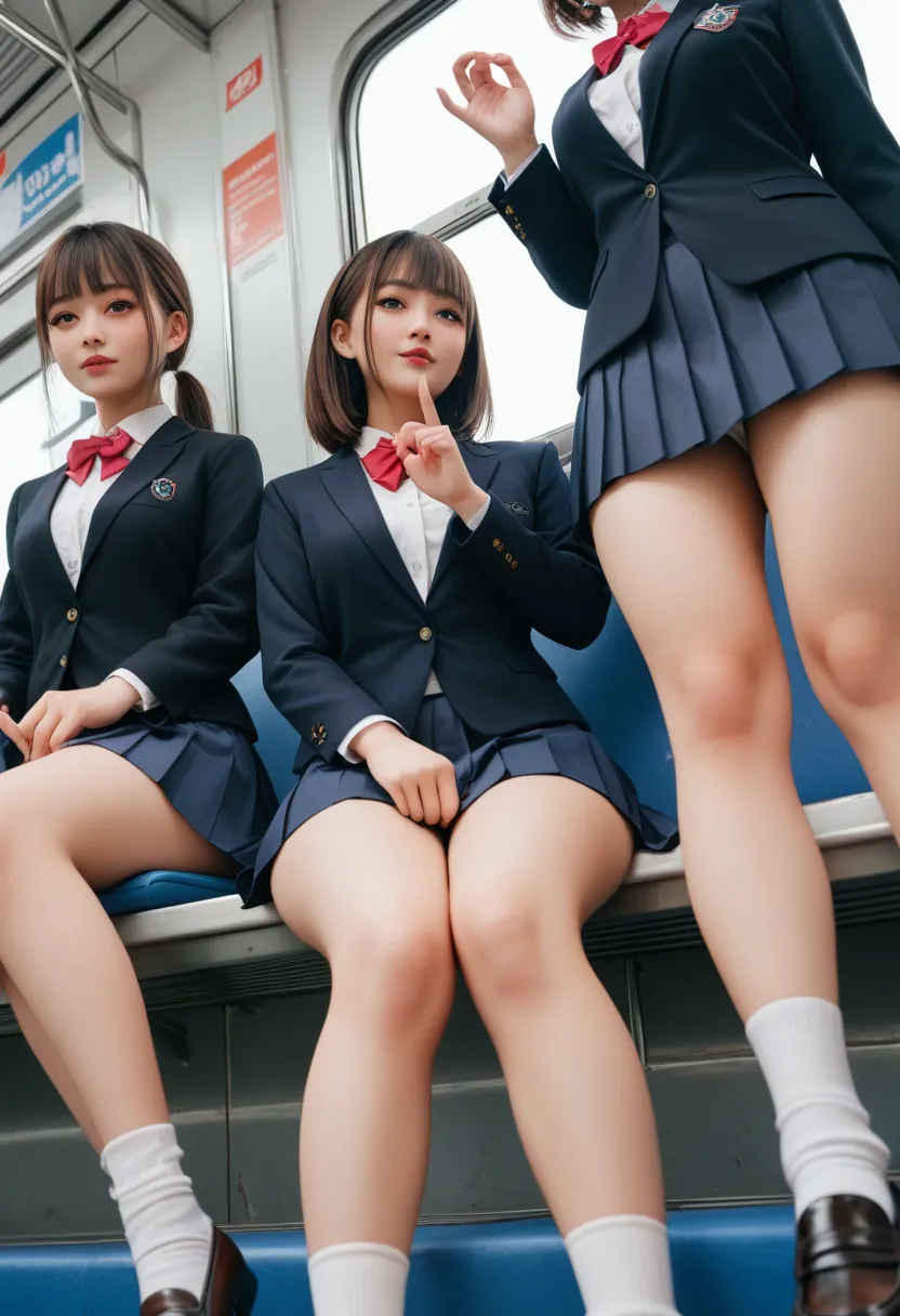 ((head out of frame)), Japanese high school girl, 3 girls,   black blazer, white blouse, a ribbon, too short pleated skirt, white sox, loafers, brown hair, middle breast, sitting on train seat, wide hip, thick thigh, focused on   (little visible panties:0....