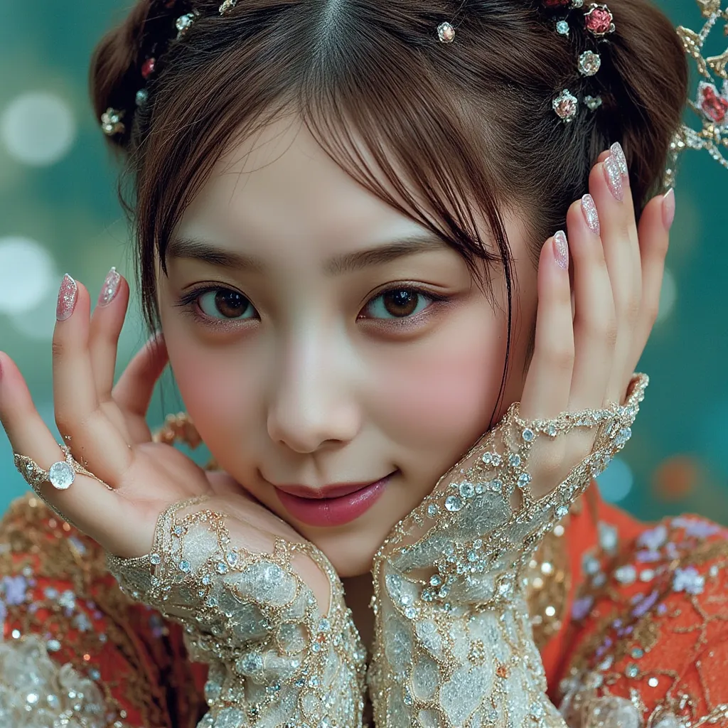  close-up portrait . From intricate embroidery to delicate jewels adorning cuffs 、bangs ,  Staring Closer  ,  an eye-catching . She's smiling happily .  This composite photo captures a strange blend of fantasy and reality.  She is gorgeous , carve々 and a s...