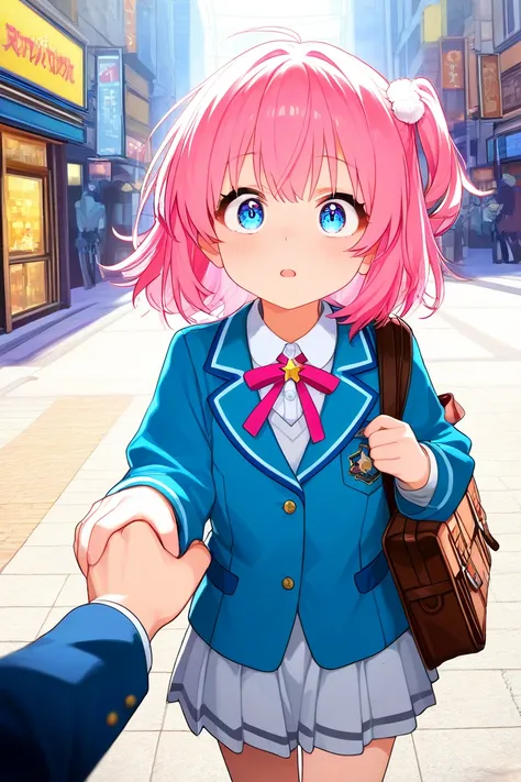  girl、pink hair、 light blue eyes、 school uniform、Carrying a school bag、Walking the Streets、男性の手が girlの手を掴む、getting grabbed by a man、in p、 surprised