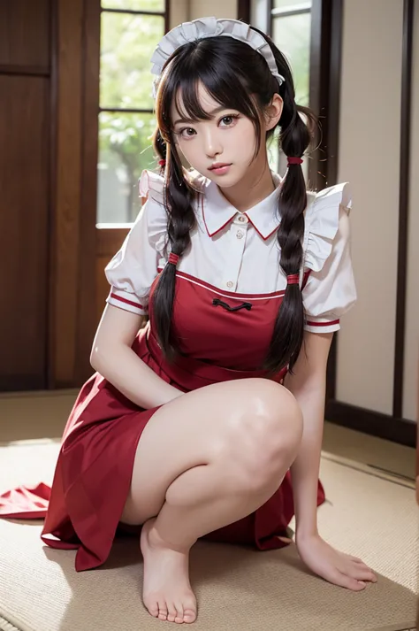 Arafed Asian woman in red maid uniform, kneeling in a mansion, sexy pose, beautiful Korean woman, Korean woman in red maid uniform, Japanese woman with pigtails, beautiful young Korean woman, realistic young Korean woman, Japanese model, young pretty woman...