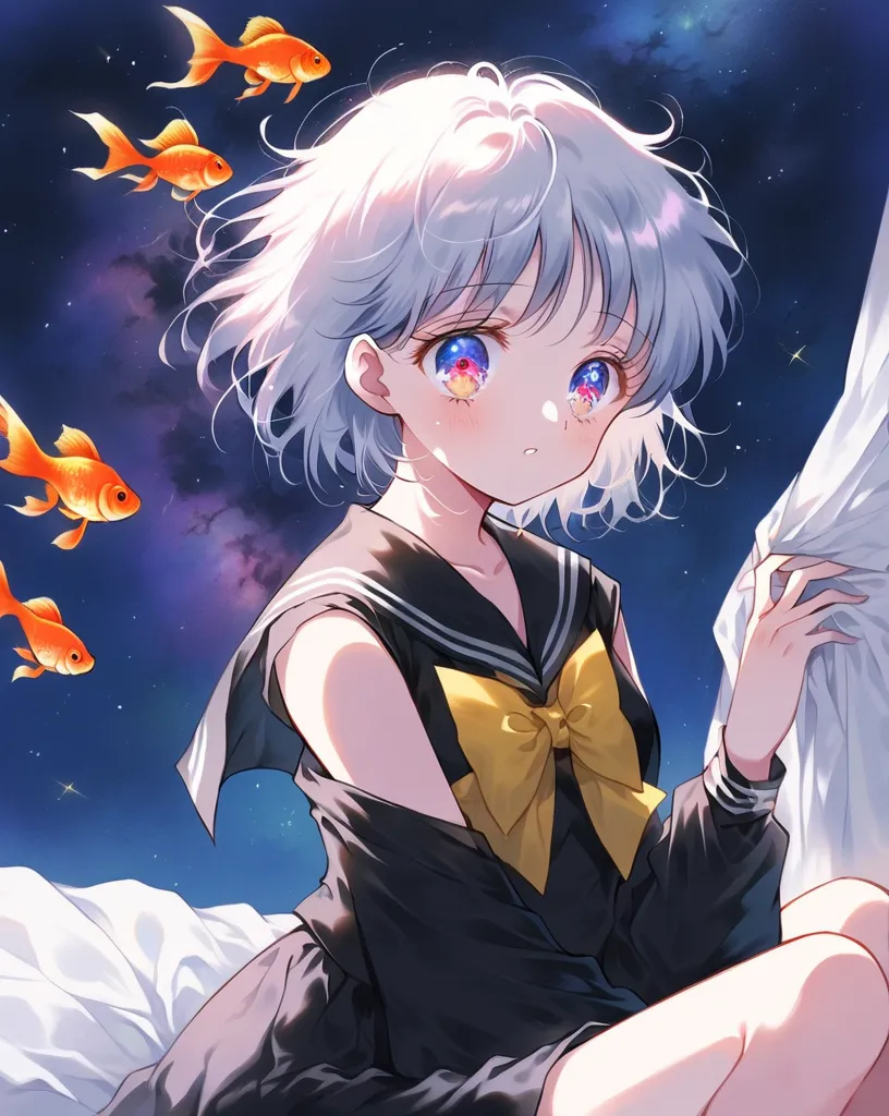 (woman\(student, Age 15, ＪＫ,  short hair,  Silver Hair, floating hair, Space-colored eyes , black sailor suit\(High school\), PALE SKIN,  tired face, I have no light in my eyes\) in bed looking up at the sky), (Many goldfish are swimming in the air), beaut...