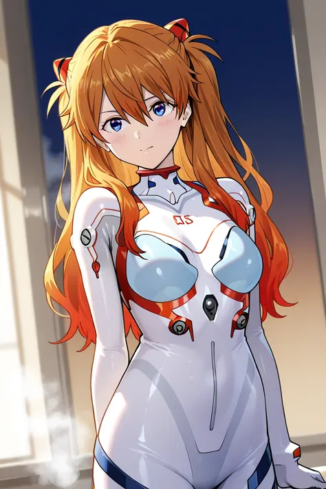  masterpiece, Highest quality, high definition,steam, uncensored,Alone,asklng, 1girl ,long hair,blue eyes,orange hair,red plugsuit   ,victory pose