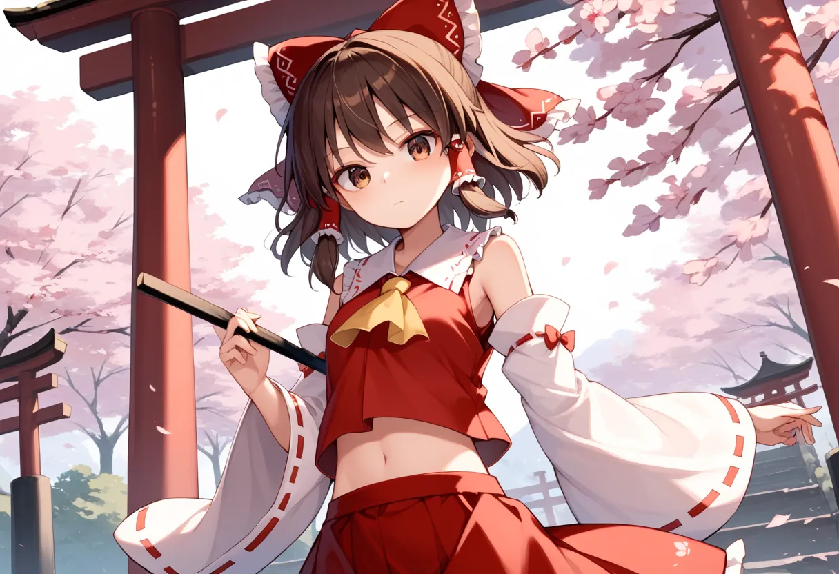 hakurei reimu, touhou, 1girl, absurdres, bow, brown eyes, brown hair, cherry blossoms, detached sleeves, gohei, hair bow, hair tubes, holding, holding gohei, light blush, looking at viewer, midriff, outdoors, red bow, red shirt, red skirt, shirt, short hai...