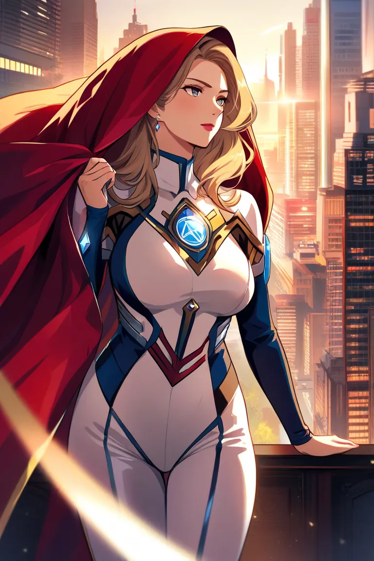 modern city background, , a mature woman,  short blonde, superhero, white costume, Diamond symbol on chest, red cloak