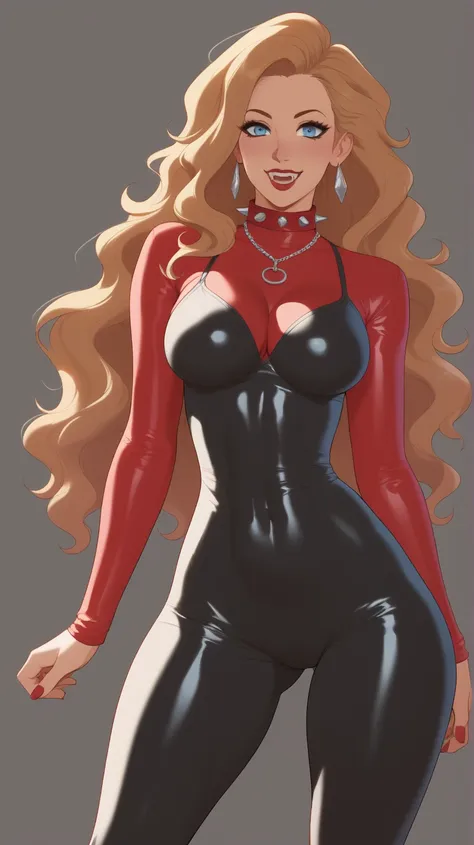 Woman in a player's room , mouth shut ,Alone ,  a girl,   breasts,  ironic smile,     spiked necklace   ,    red collar  , regions,neckline, wavy hair,  full front shot  ,    long legs,  round butt,  latex suit  ,vampire, Jay _jam, black hair,  long hair ,...