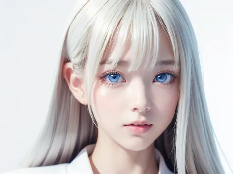 (((white background:1.3))))、Highest quality、masterpiece、high definition、platinum blonde hair、(((1girl in)))、、(((Eyes are white:1.3)))、 Robe Blanche 、(((white shirt:1.3、White Block Dress)))、 tyndall effect 、 real 、Shadow Studio、Ultramarine Lighting、 Dual To...