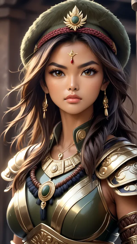 A young, tall, imposing Thai warrior woman, wearing shiny bronze armor that highlights her strong, feminine muscles. Her face is of rare beauty, with elegant features and an expression of determination and strength.
Her skin is a lightly tanned acai brown....