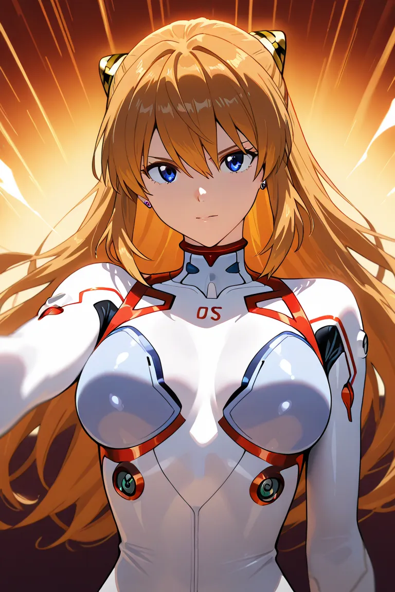  masterpiece, Highest quality, high definition,Alone,asklng, 1girl ,long hair,blue eyes,orange hair,red plugsuit   ,victory pose