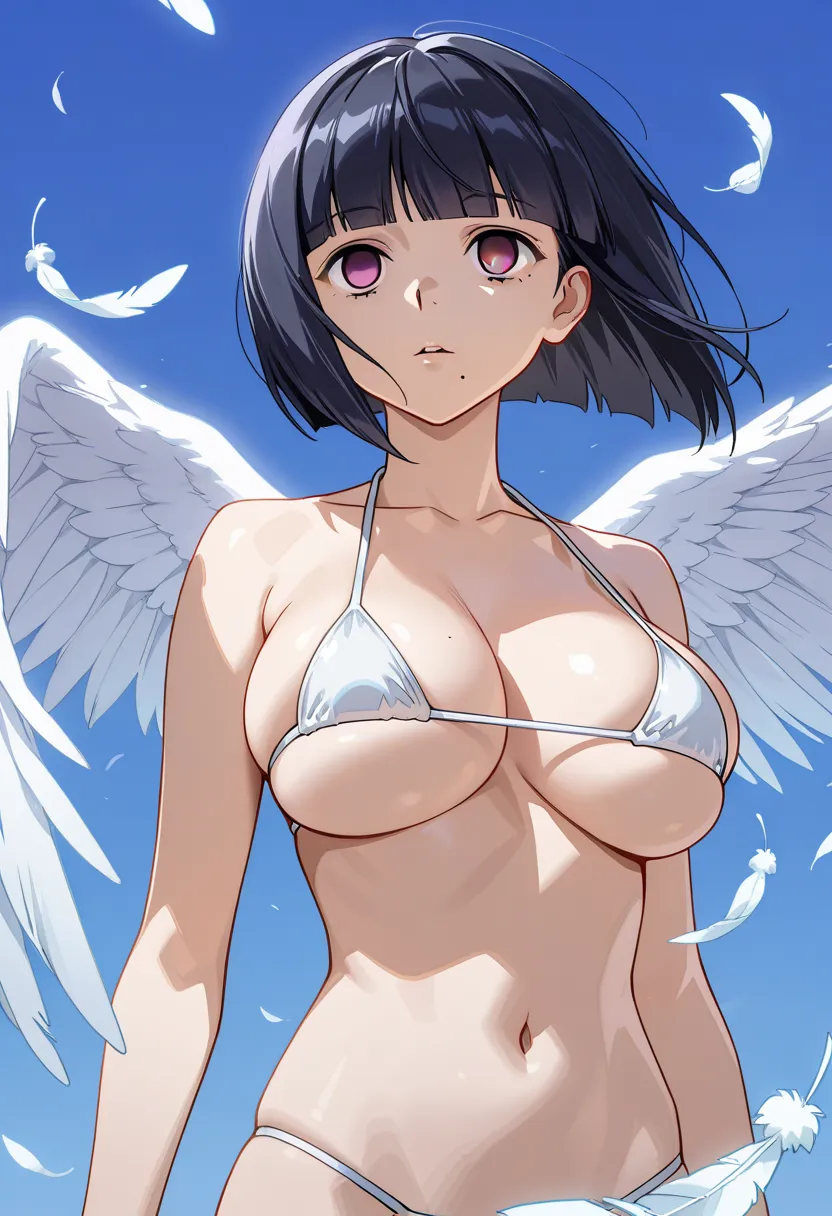 A Floating Feather /  floating feathers  / Floating Feather、Angel wings in the sky、、 Angel girl , Wind, , large breasts,  , Kalluto Zoldyck,blunt bangs,bob cut,black hair,pink eyes,mole under mouth,,,empty eyes,, micro bikini, 17years old