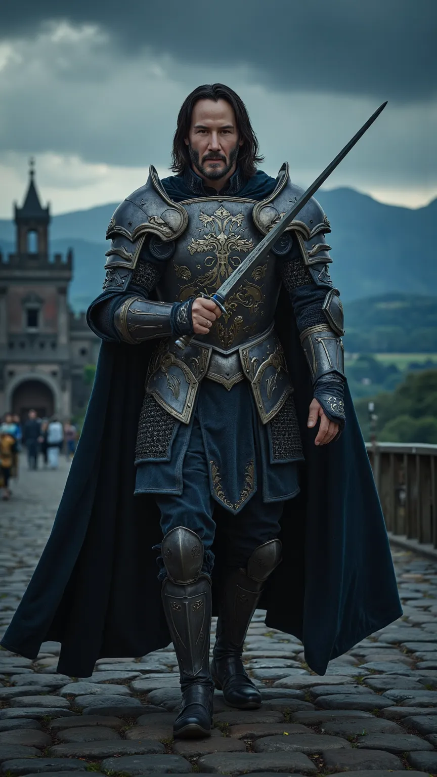 Keanu Reeves reimagined as a majestic powerful medieval knight walking and holding a longsword､dramatic atmosphere, 1 male､ 

His long, raven-black hair flows over his broad shoulders, framing his chiseled jawline and piercing dark eyes, which hold the wei...