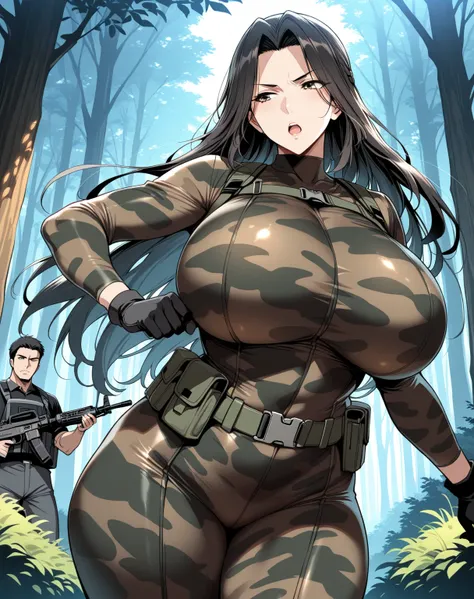 score_9, score_8_up, score_7_up, source_anime, 1woman, huge breasts, large breasts, curvy, voluptuous, black hair (parted bangs), brown eyes, long hair, black camouflage bodysuit, neckline, black gloves, black belt, serious, open mouth, standing, firearm (...