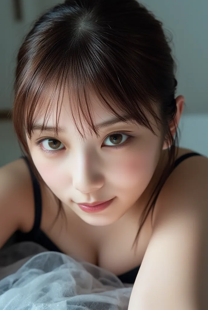  close-up portrait , bangs ,  Staring Closer  ,  an eye-catching . She's smiling happily .  This composite photo captures a strange blend of fantasy and reality. She is wearing sexy sheer lingerie、 presence with transcendental power . Every detail of the l...