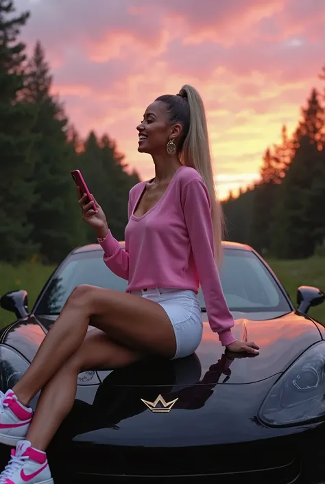 blonde , she laughs , woman with toffee sits on the hood of a large chic black car at sunset.  She is wearing a beautiful and stylish : pink long-sleeved sexy sweater and white shorts, as well as Jordan's pink and white sneakers. Her long blond straight ha...