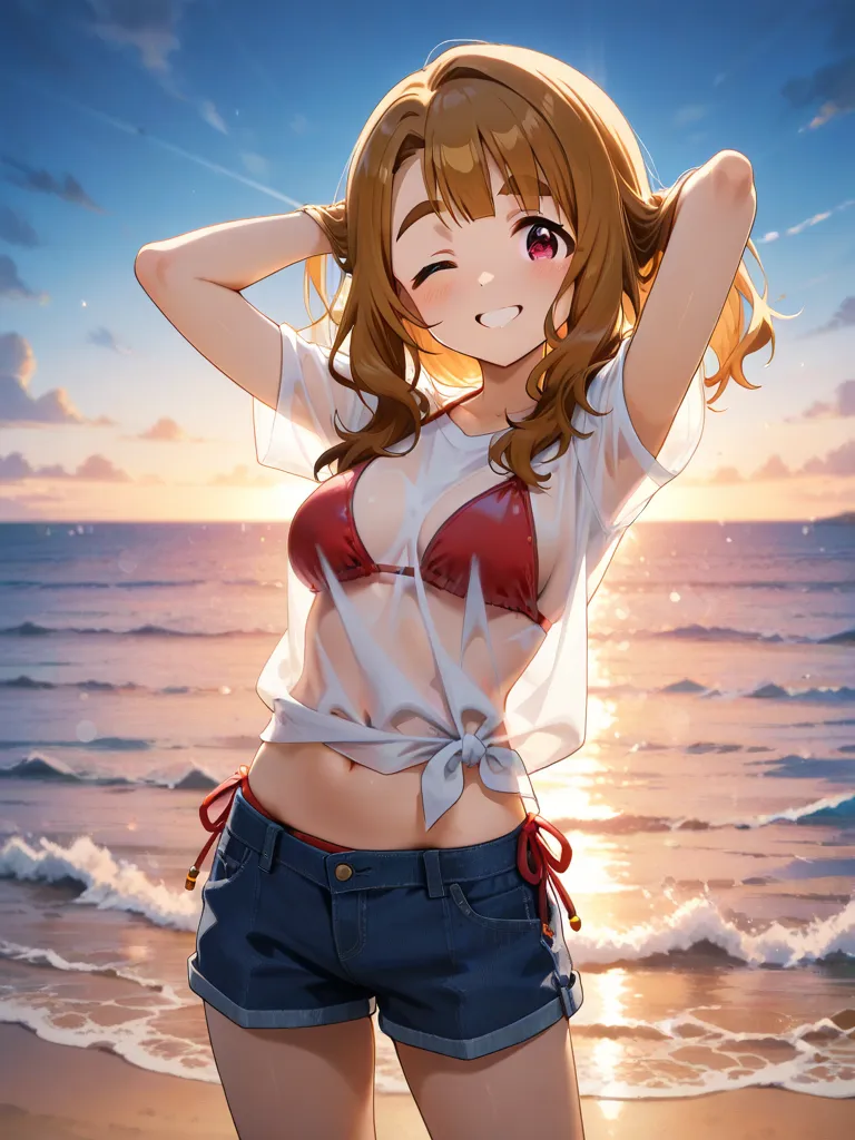 an anime style female character, solo, miyao miya, idolmaster, smile, open mouth, 
povytail, 
grin, one eye closed, 
arms up,
hair over shoulder ,
hands in own hair, 
light smile,
looking at viewer, 
red bikini,
see-through clothes, 
see-through shirt, 
sh...