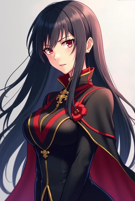 Lady Neravia of Dominion of Neravia Leader Portrait,16y.o, Anime art style, Uniform, Long Black Hair, Black-Red Uniform, Side View