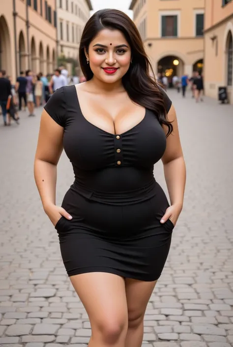   Madhubala an Indian sexy curvy plus size body beautiful actress in a sexy and short  cocktail dress and red lipstick posing for a picture in a historic plaza for photoshoot, camera front facing, smilling face, head to toe view, full body shot, hourglass ...