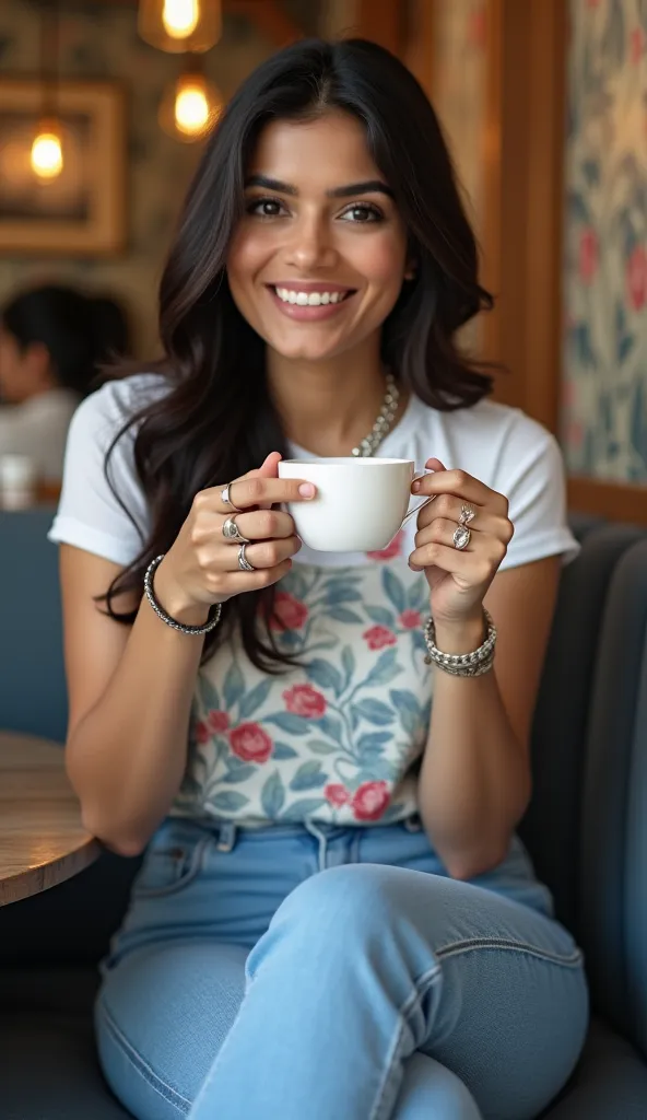 Indian woman wearing blue jeans, white printed tshirt and white sneakers, 2 gold rings in hand and a silver chain in neck and silver bracelet sitting in a cafe having a cup of coffee, asthetic wallpaper on the wall