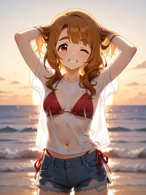 an anime style female character, solo, miyao miya, idolmaster, smile, open mouth, 
povytail, 
grin, one eye closed, 
arms up,
hair over shoulder ,
hands in own hair, 
light smile,
looking at viewer, 
red bikini,
see-through clothes, 
see-through shirt, 
sh...