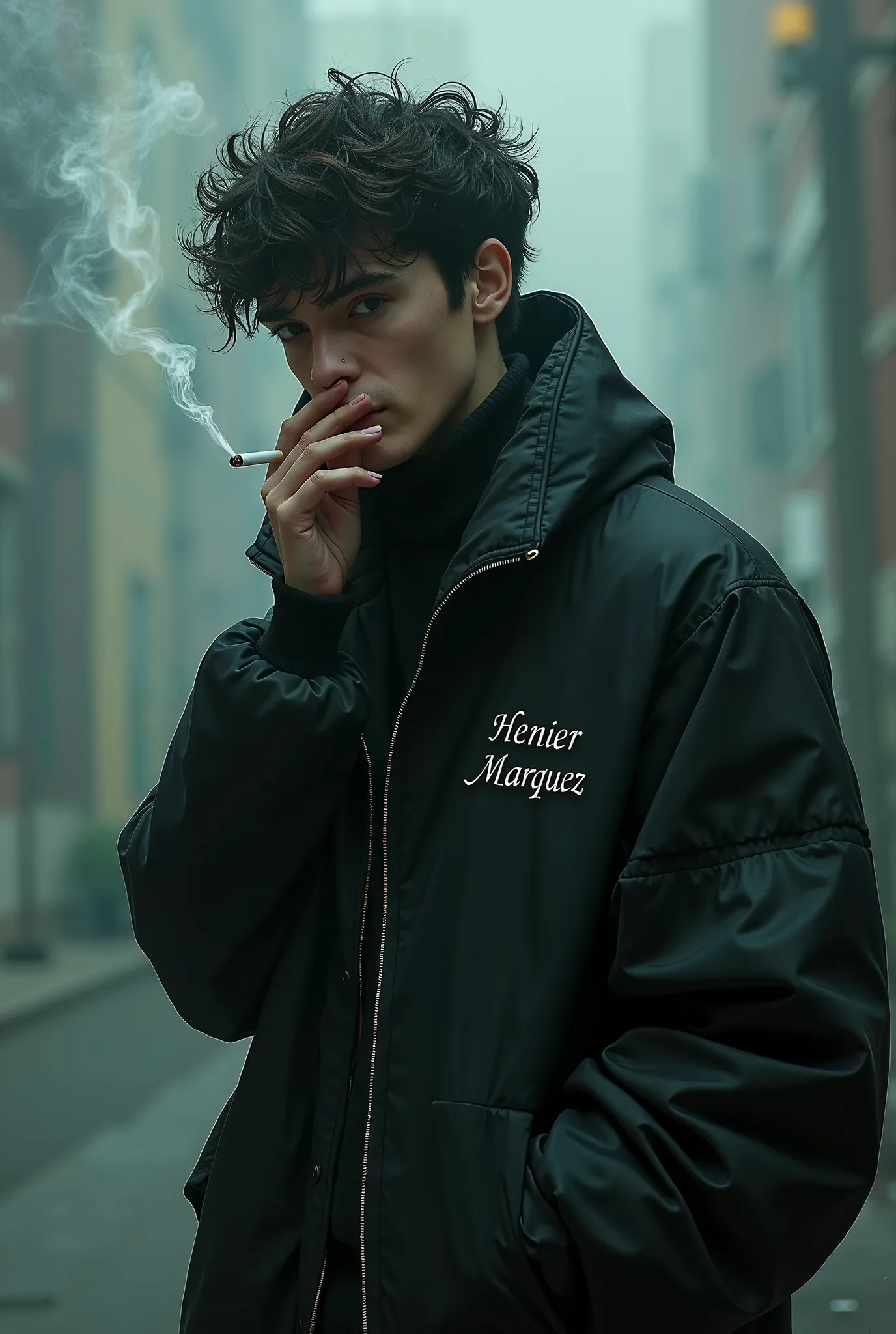 Luar artist the letter smoking and wearing a jacket with the name of Henier Marquez