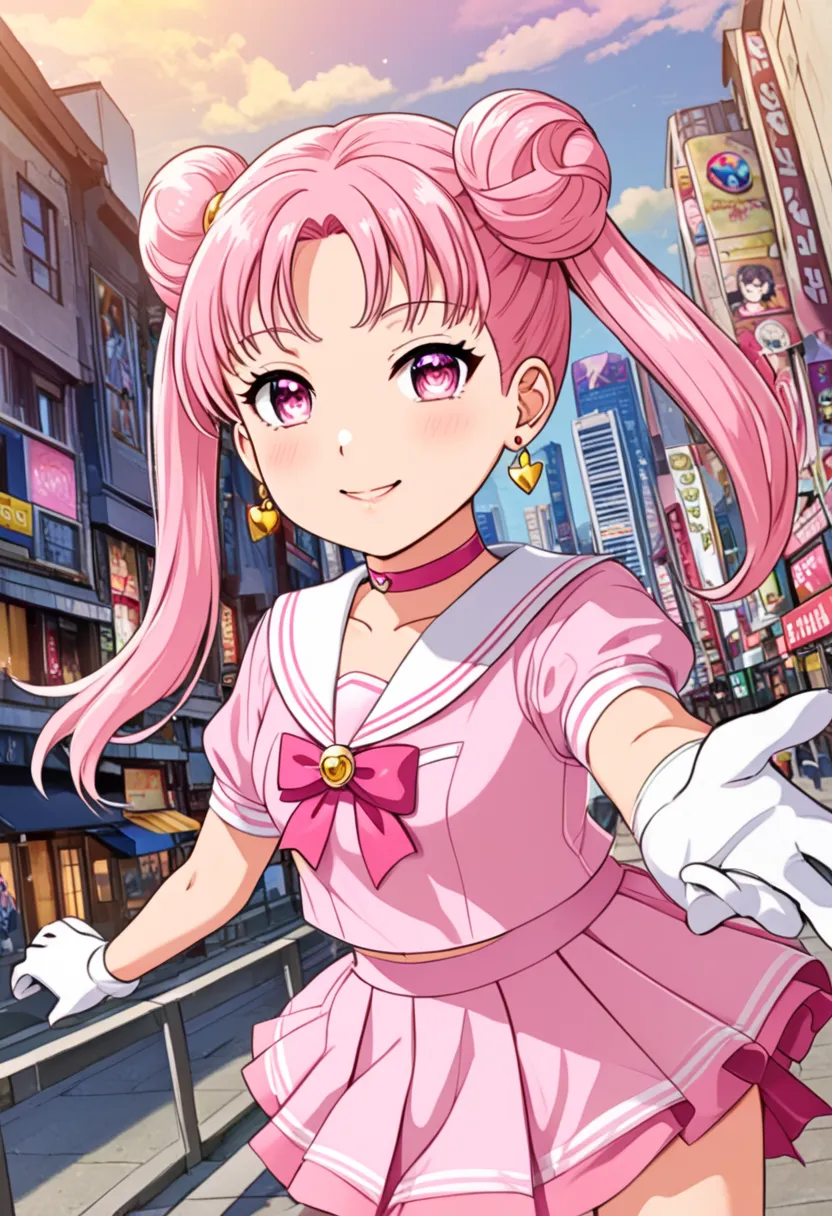 score_9, score_8_up, score_7_up, source_anime, sailormoonchibi, sailor moon chibi, cone hair bun, double bun, hair bun, hair ornament, pink eyes, pink hair, short hair, twintails, circlet, parted bangs, smile, bow, brooch, choker, earrings, elbow gloves, g...