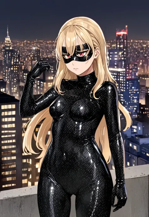 score_9, score_8_up, score_7_up, 1girl, solo, (**li:1.5), flat chest, hands on chest, mt_lady, red eyes, blonde hair, medium hair, drill hair, domino mask, bodysuit, skintight, gloves, shaking, standing, blushing, sad, looking down,city background, AgeRegr...